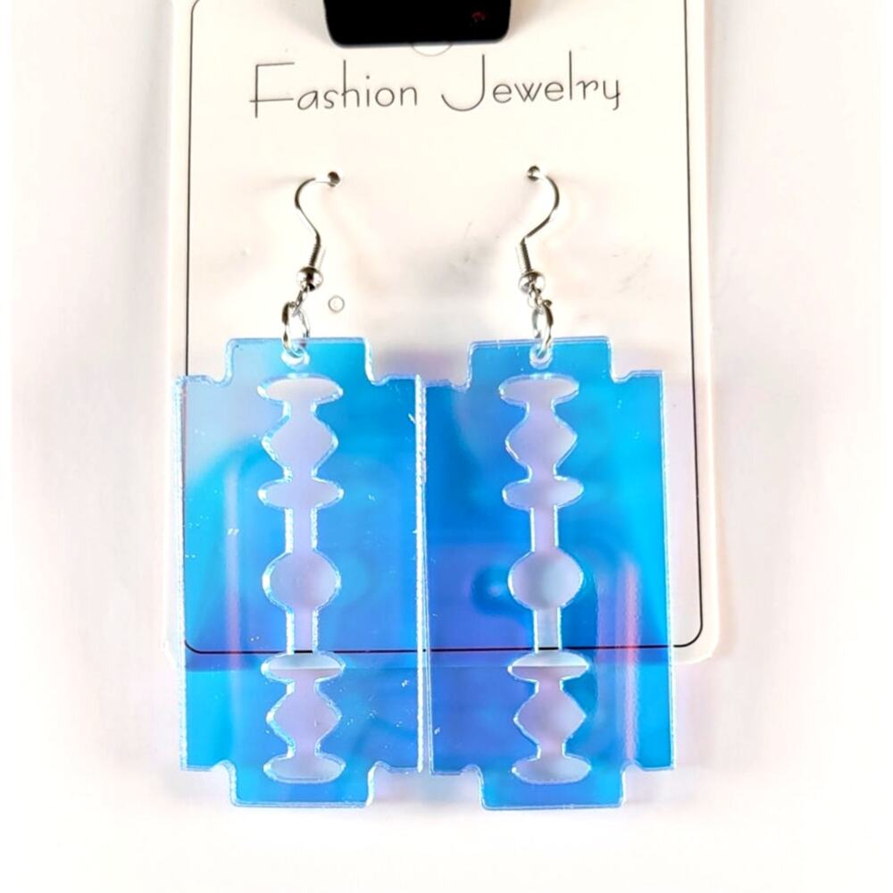 Acrylic Razor Blade Earrings Iridescent Blue Dangle Pierced Alt Whimsygoth